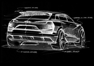 The cabin of the Audi e-tron quattro concept tapers strongly toward the rear end, approaching the idealized shape of an aerodynamically optimized droplet.